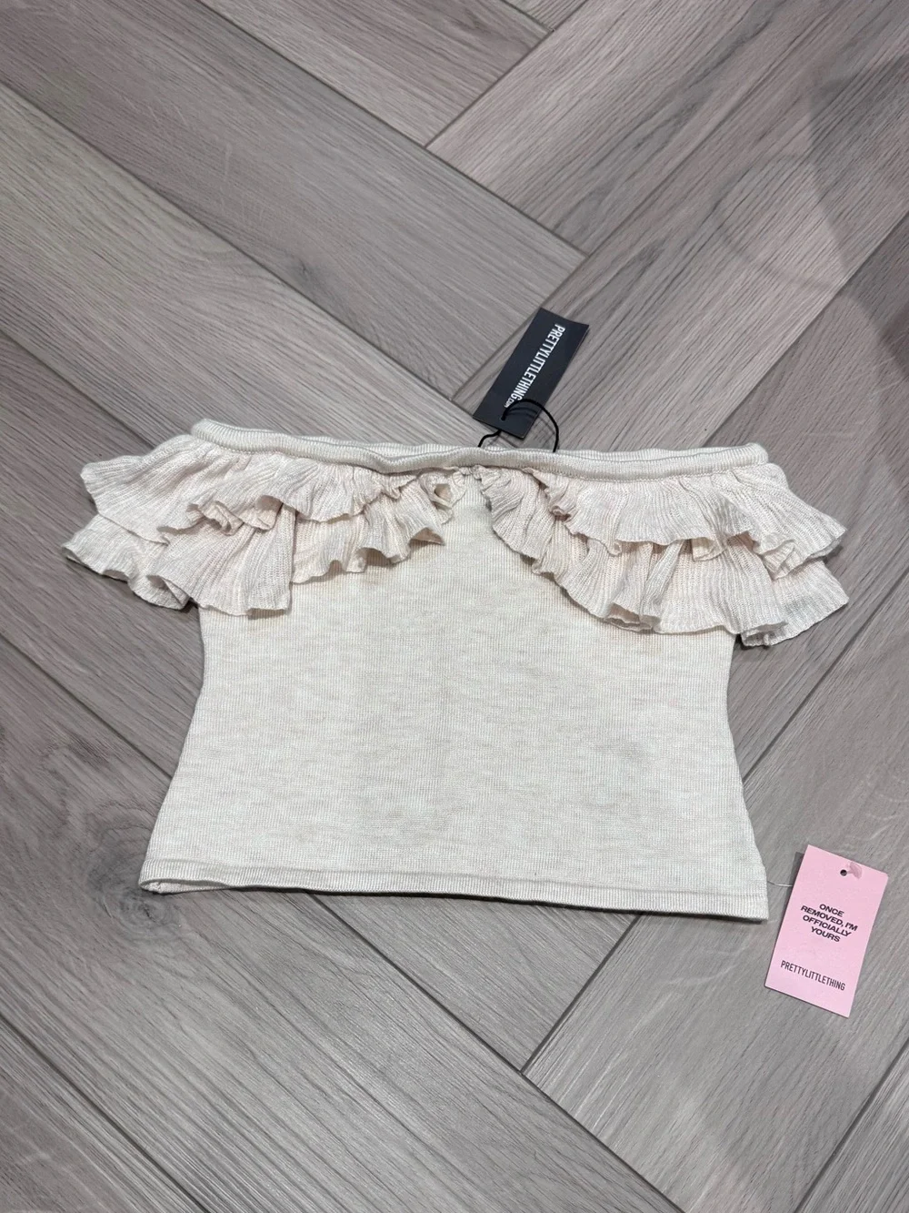 PRETTYLITTLETHING Cream strapless Ruffle Knit Top - Picture 1 of 3